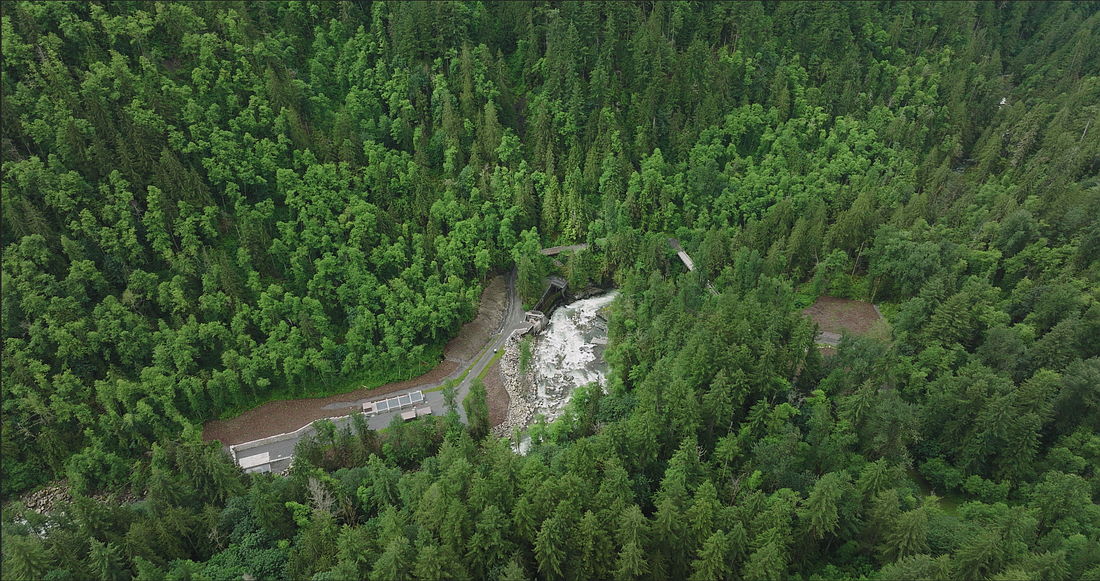 A drone shot shows the site of the former Middle Fork Nooksack Dam, which was removed in 2020. Above it is Brokedown Palace, a steep slope made up of 300-year-old cedars that stabilize the forest floor.