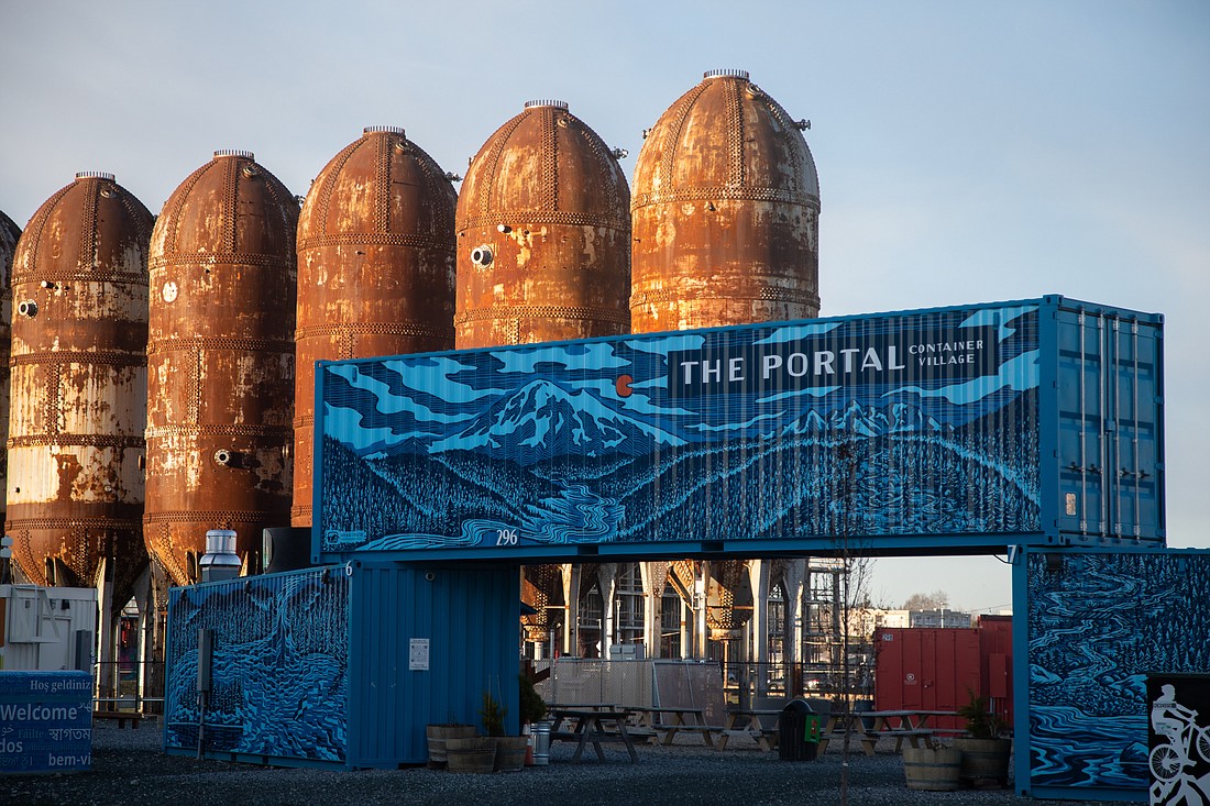 The entrance to The Portal Container Village on Bellingham's waterfront on a late February day. The Port of Bellingham will add more containers, food trucks and ambience for the 2023 season.