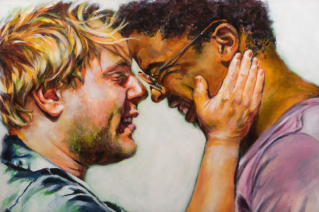 The "All You Need is Love" exhibit showing through April 15 at Gallery Syre is the first artist open call at the Bellingham venue. This piece, Rochelle Walden's "Fifth Date," is an acrylic painting showing an expression of love through touch.