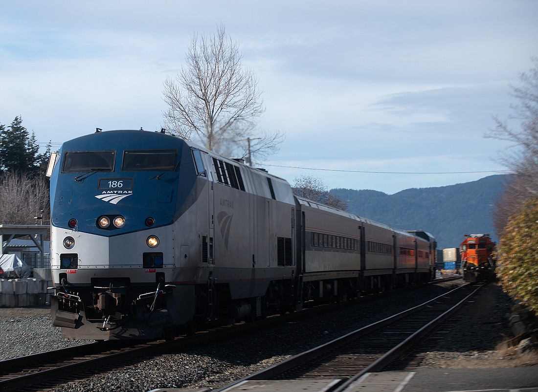 The northbound Amtrak train arrives at the Fairhaven Station March 6. The Amtrak Cascades route between Seattle and Vancouver, British Columbia, is running at pre-pandemic levels, with two round trips per day.