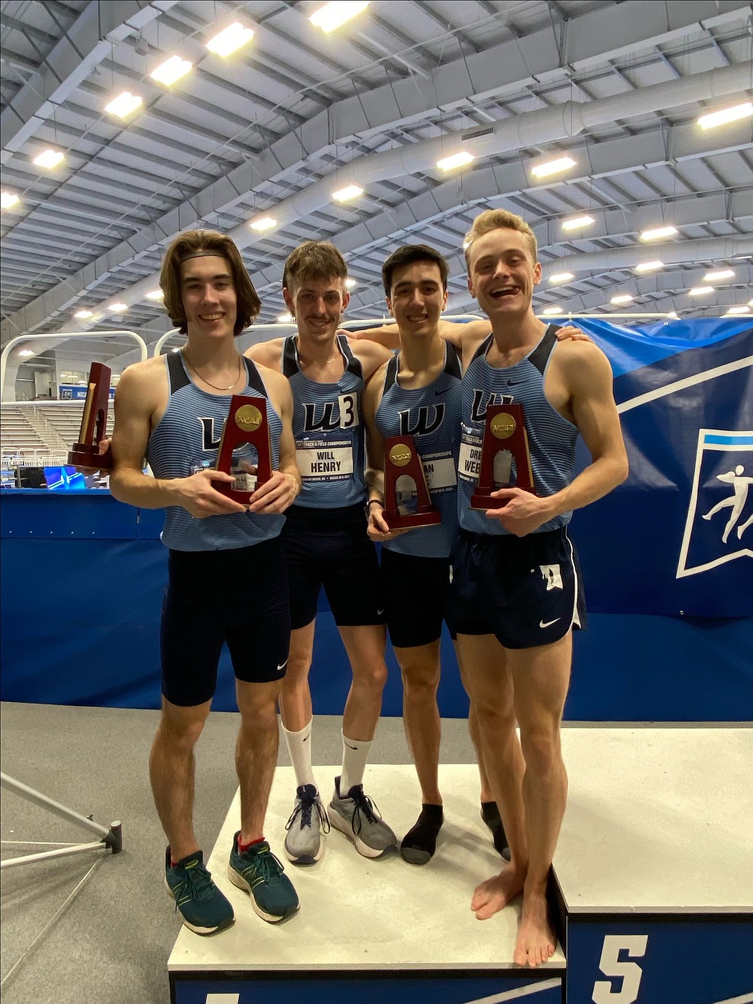 From left, Western Washington University men's distance medley relay runners Jonah Bloom, Will Henry, Brian Le and Drew Weber placed seventh at the NCAA Division II Indoor Track and Field National Championships in Virginia Beach, Virginia, March 10.