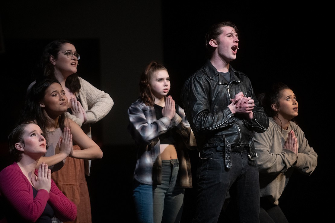 Caden DeFries as Orin, front, and the Doo-Wop Singers perform during the first act of Squalicum High School's final performance March 11 at the school's Forum theater.