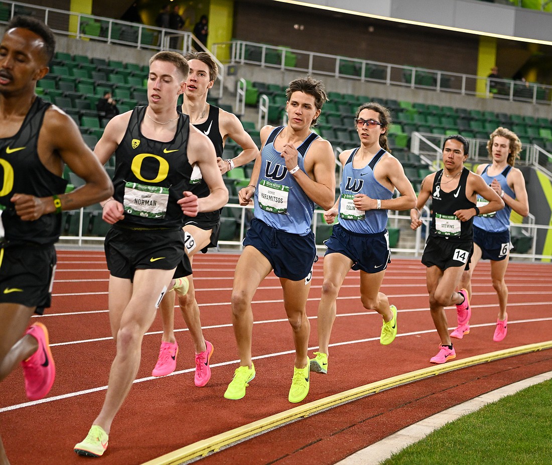 Western Washington University sophomore runners George Karamitsos, center, and Andrew Oslin, third from right, narrowly lead fellow Viking Jeret Gillingham, right, and another runner March 17 during the men's 10,000-meter run at the Oregon Preview.