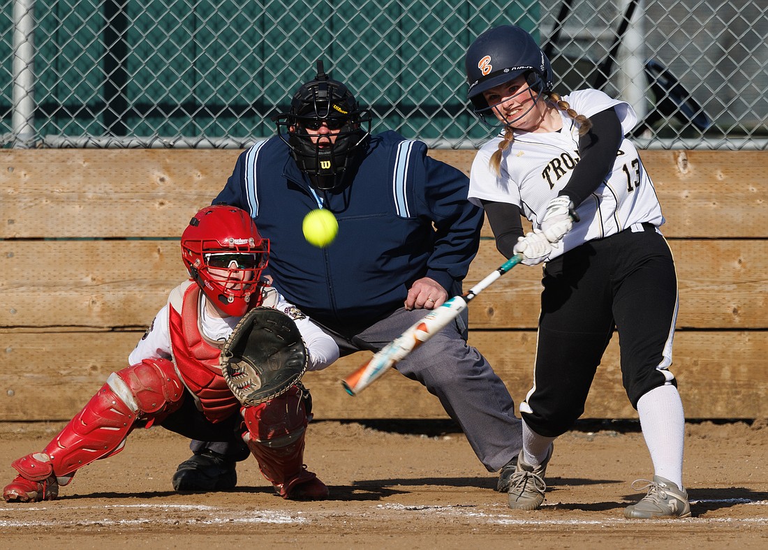 Going 2-for-2 at the plate, Meridian's Katie Prengaman hits an RBI triple March 30 as Meridian beat Lakewood 5-2 at home.