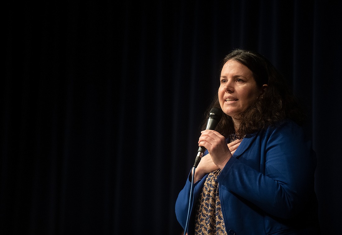 Sen. Sharon Shewmake speaks at a town hall in Ferndale in March. Bills intended to promote affordable housing have advanced in Olympia, but Shewmake said it's too soon to gauge the Legislature's success with the issue this session.