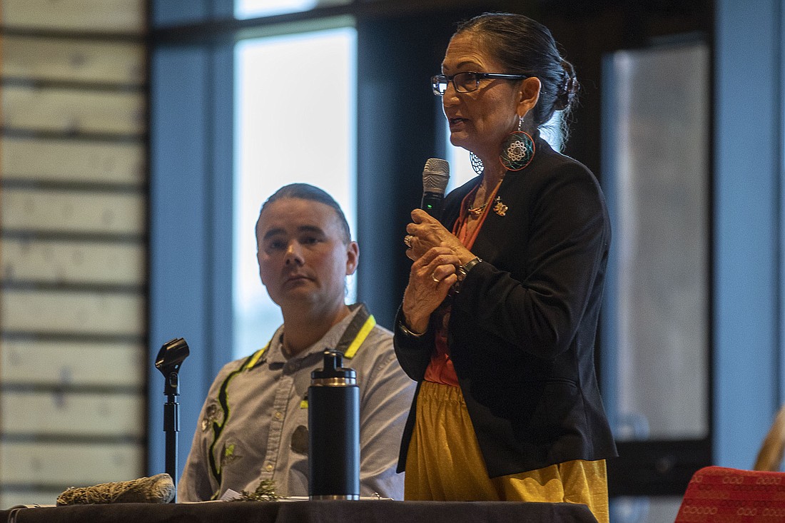 United States Secretary of the Interior Deb Haaland, right, speaks during a Road to Healing event at the Tulalip Gathering Hall in Marysville, Snohomish County, on April 23. The tour was led by Haaland and Department of the Interior Assistant Secretary Bryan Newland.