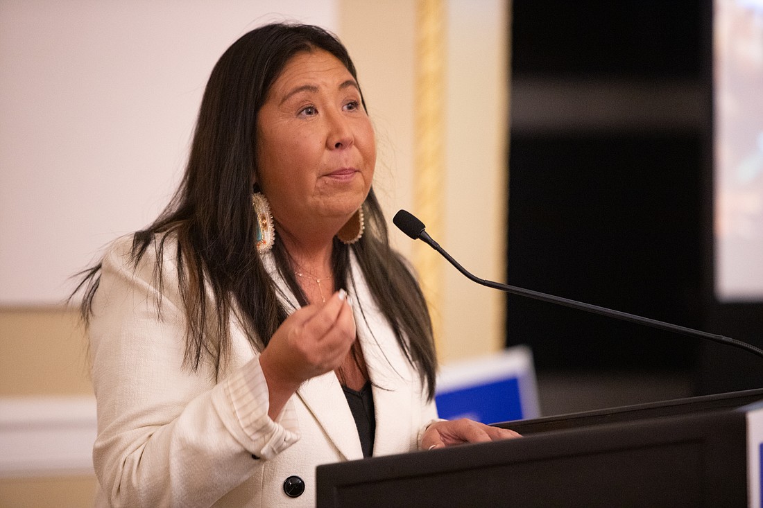 State Rep. Debra Lekanoff gives a speech at Hotel Leo in Bellingham in November 2022. Lekanoff sponsored a bill, which has since been signed into law, that establishes a cold case unit to investigate unsolved cases of missing and murdered Indigenous people.