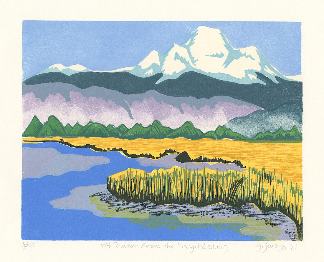 Mount Baker is the centerpiece of several prints by Gene Jaress in the exhibit “Skagit Valley in Color” showing in Lynden at the Jansen Art Center. In “Mount Baker From the Skagit Estuary,” the Mount Vernon-based artist contrasts a gentle blue twist of water and quiet yellow field with the looming face of the mountain.