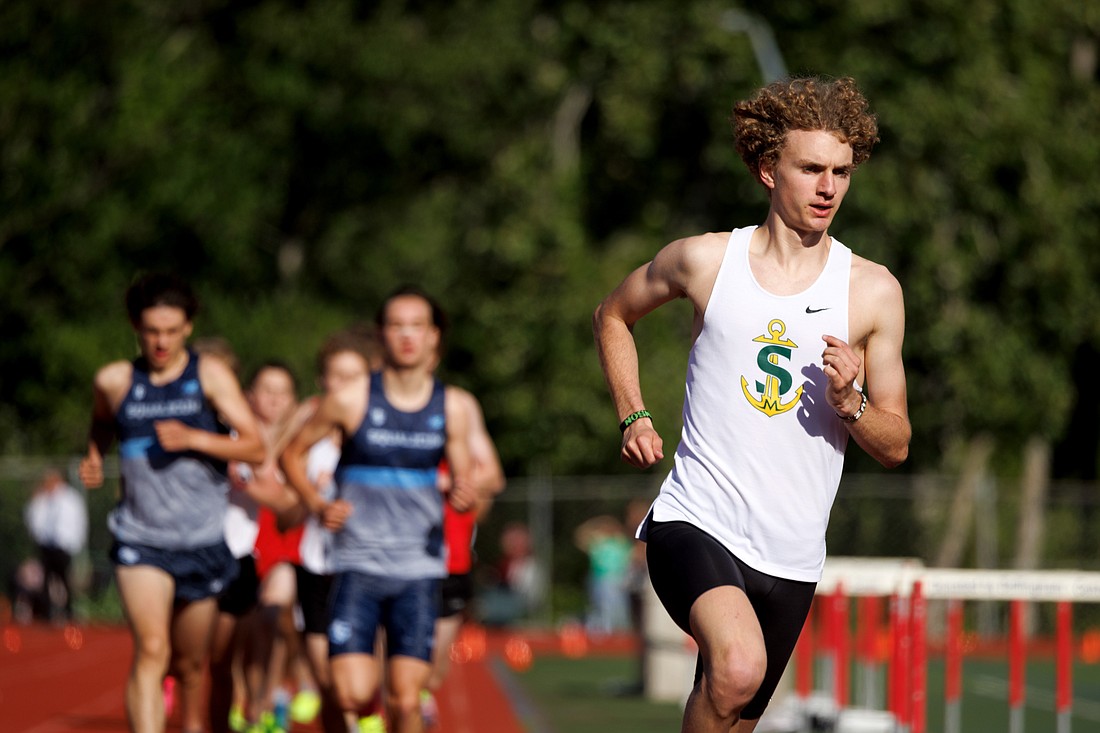 Sehome's Zack Munson finds himself far in front of the pack May 10 during the boys 1,600-meter run at the 2A District 1 North Sub-District track meet at Civic Stadium.