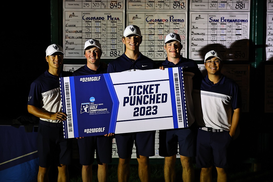 From left, Western Washington University men's golfers Jordan Lee, Cody Oakes, Seth King, Conrad Brown and Drew Halili pose with their NCAA Division II National Championship "ticket" May 13 after being crowned co-champions at the West/South Central Super Regional Tournament in Rohnert Park, Calif.