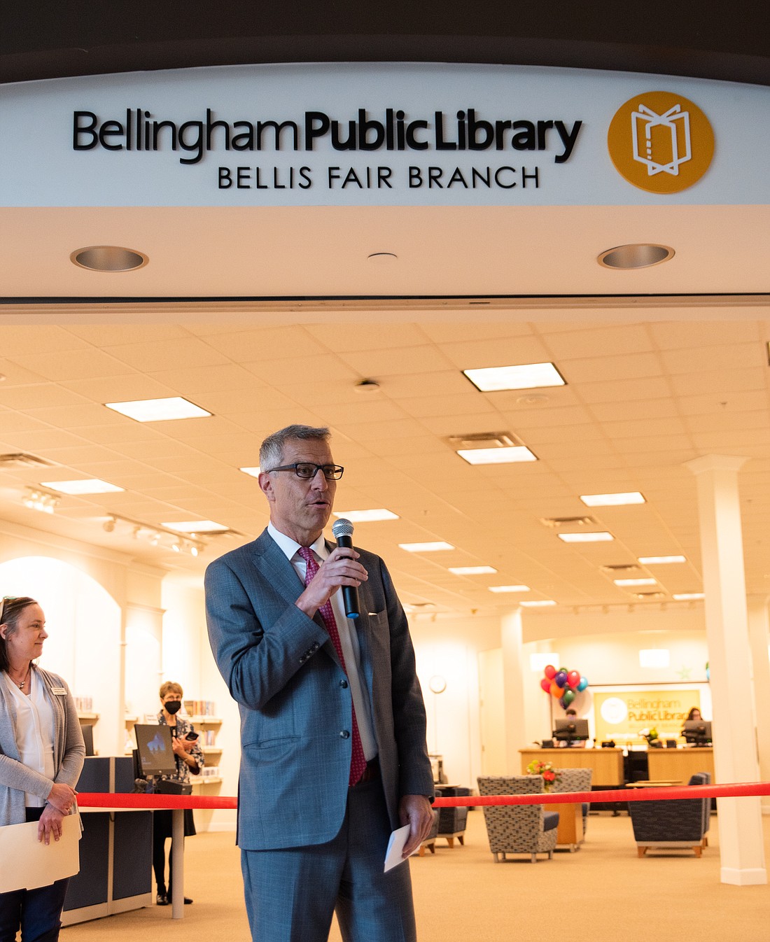 Bellingham Mayor Seth Fleetwood speaks at a ribbon-cutting for the new Bellingham Public Library branch at the Bellis Fair mall in April. The mayor formally announced his run for reelection on May 16.