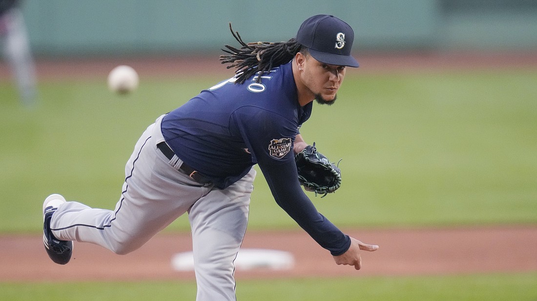 Seattle Mariners starting pitcher Luis Castillo delivers against the Boston Red Sox during the first inning of a baseball game at Fenway Park on May 16 in Boston.