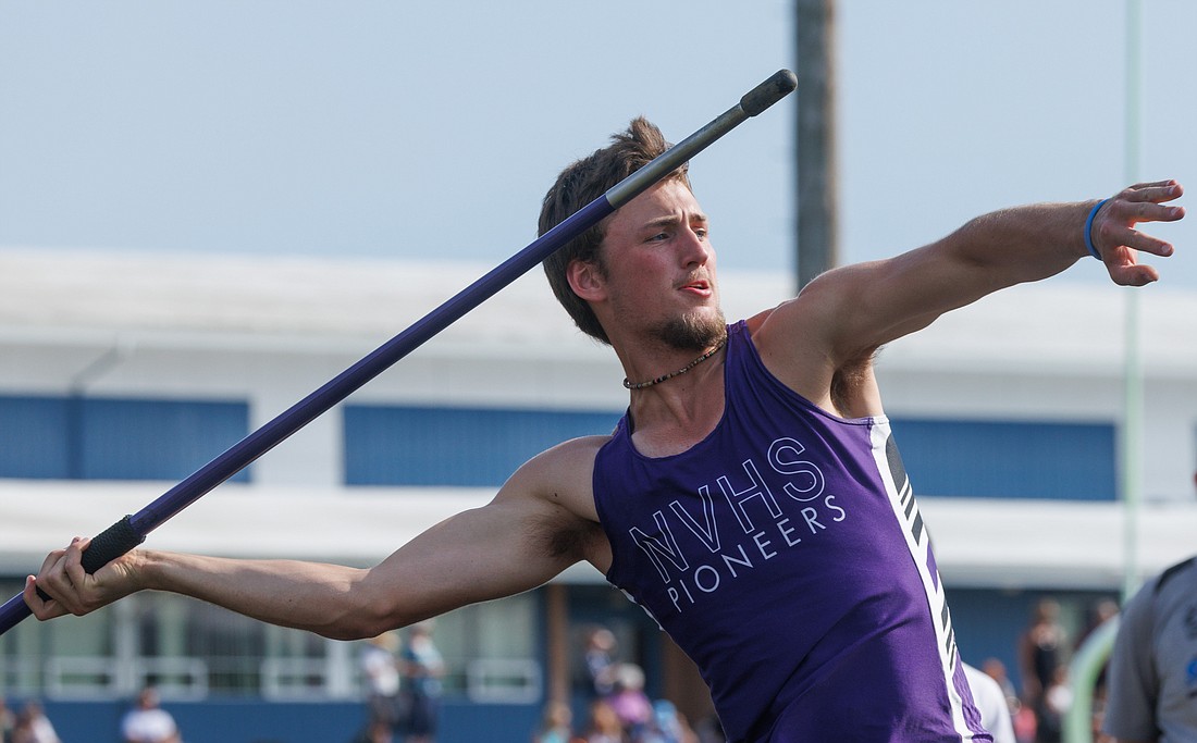 Nooksack Valley's Joey Brown throws in the finals of the javelin May 18 at the 1A District 1/2 track and field meet at Lynden Christian High School. Brown won the event and also earned state entries in the 300-meter hurdles and long jump.