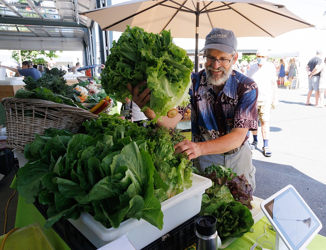 Cedarville Farms’ Mike Finger stocks more leaf lettuce in his booth at the Bellingham Farmers Market on July 30, 2022. Finger is one of the many vendors who returned to the market this year. Although the Wednesday market is on pause this summer, the Saturday market continues weekends through mid-December.