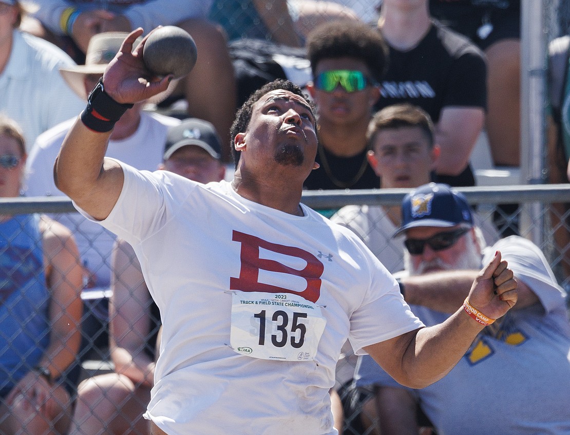 Bellingham's Javen Livas throws a personal best 58-9 to win the 2A boys shot put.