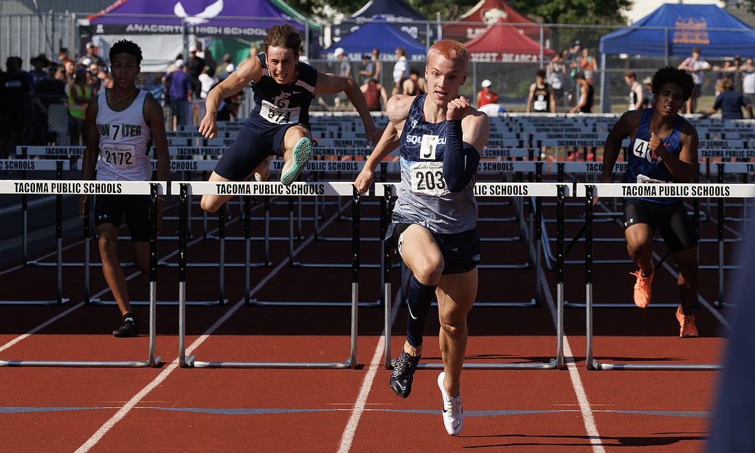 Squalicum’s Andre Korbmacher races to the finish line May 26 to win the 110-meter hurdles at the 2A State Track and Field Championships at Mount Tahoma High in Tacoma.
