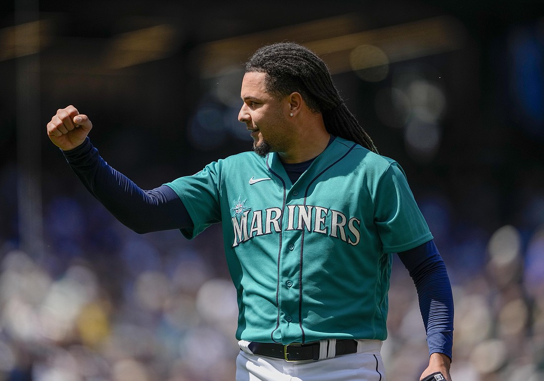 Seattle Mariners starting pitcher Luis Castillo reacts after pitching against the Pittsburgh Pirates during the fifth inning of a baseball game Saturday, May 27, 2023, in Seattle.