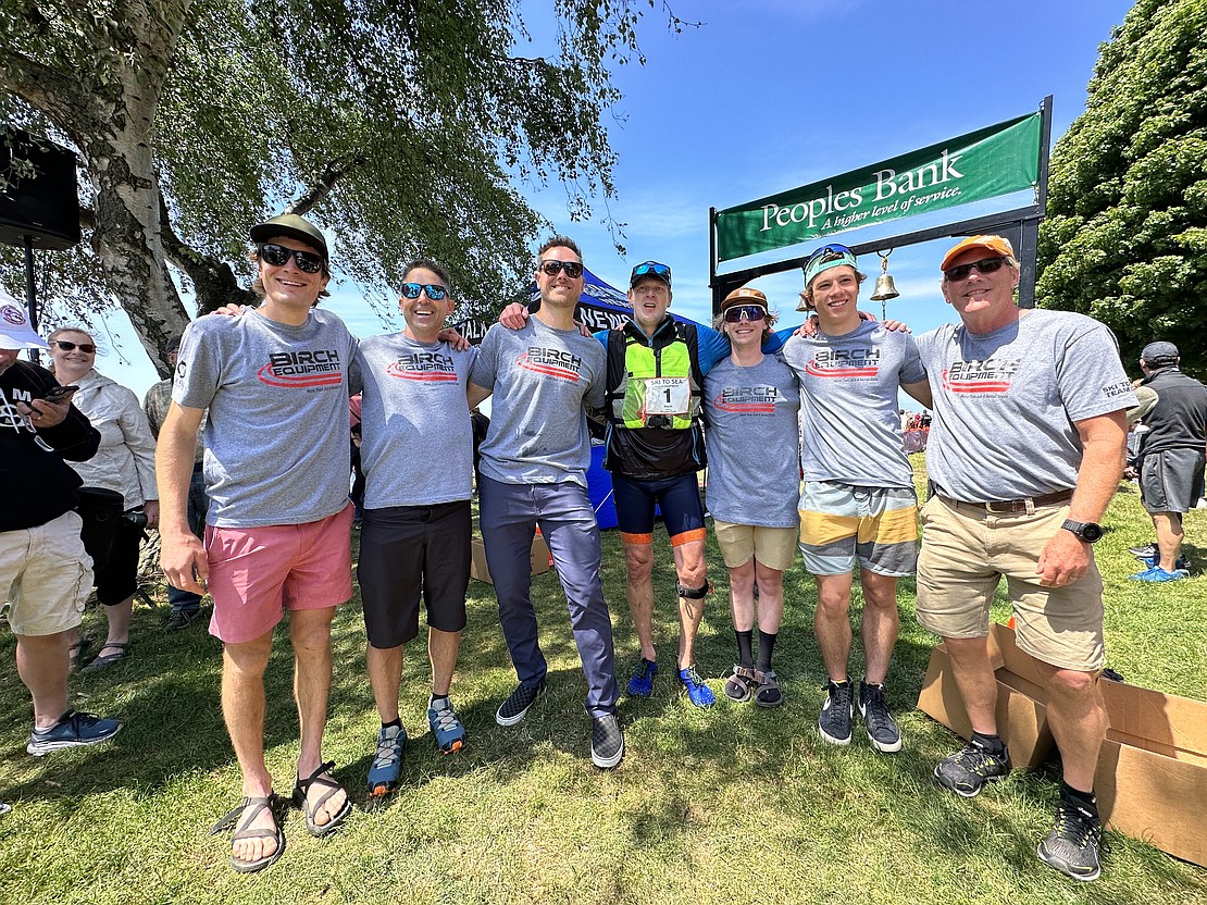 Team Birch Equipment won Ski to Sea for the second year in a row in 2023. Kayaker Jeff Hilburn, middle, took the team to victory.