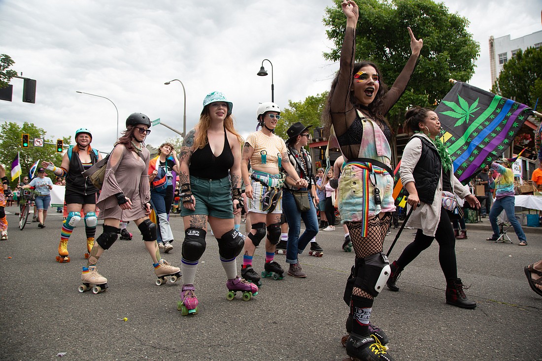 Participants skate through the Pride Parade on Railroad Avenue on July 17, 2022. This summer's Pride Parade takes place Sunday, July 9, starting at Waypoint Park and finishing at Depot Market Square, where a Pride in Bellingham Festival will take place throughout the afternoon.