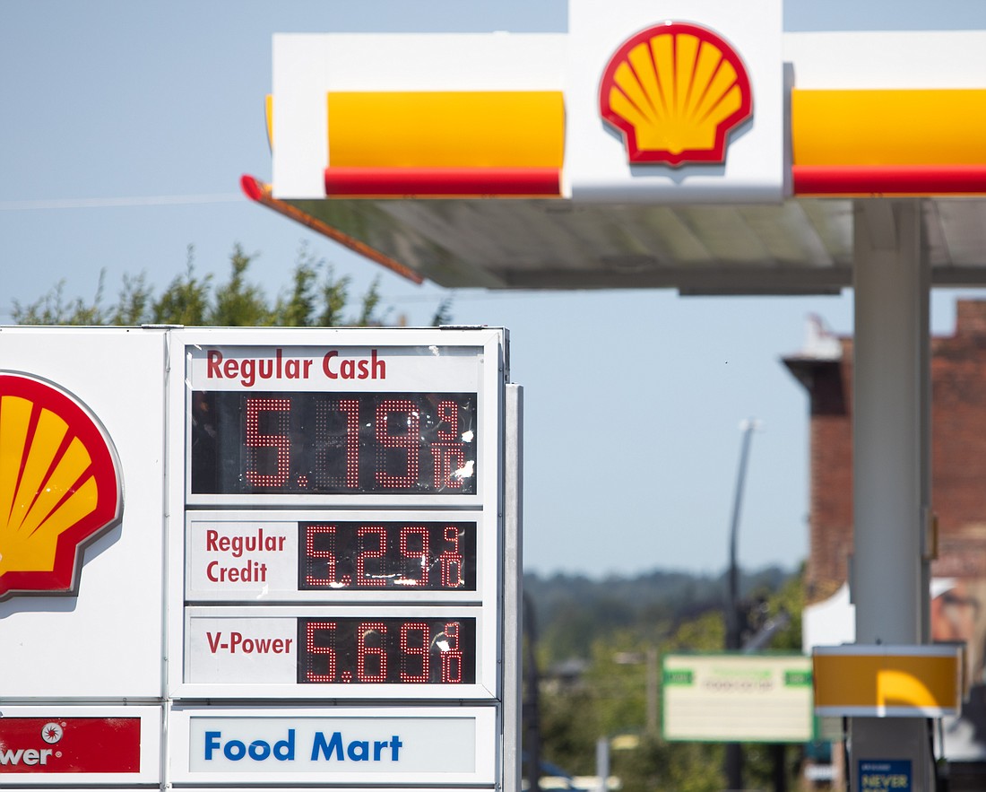 The Shell gas station in downtown Bellingham advertises gas, starting at $5.19 a gallon, on Monday, July 3.