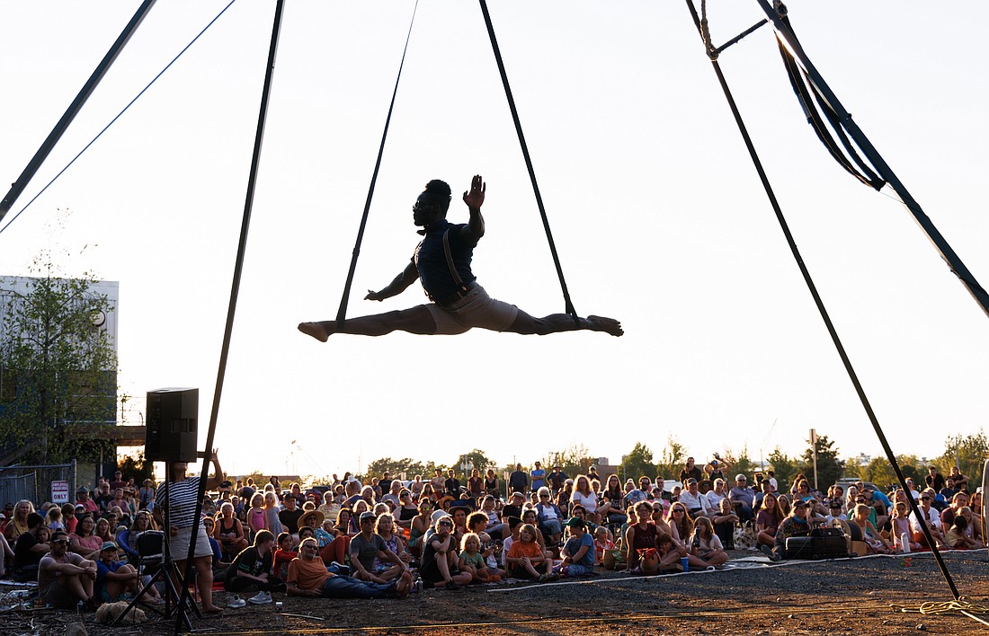 Strap artist Cuream Jackson, aka Alvin, performed with Up Up Up in August 2022 in the outdoor space near the Bellingham Circus Guild. The touring crane truck circus — and Alvin — will return to the venue for a Sunday, July 23 performance.