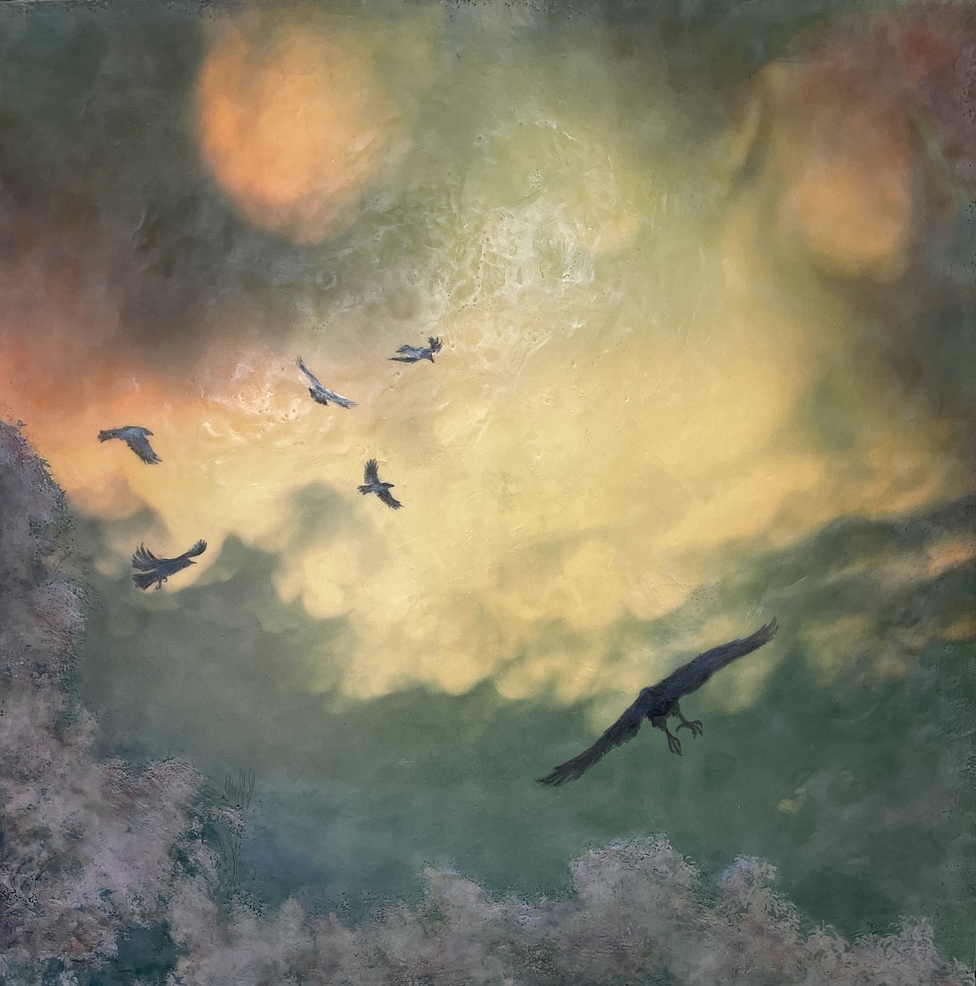 In Mount Vernon, “Hem of Heaven” is the title of an exhibition of the realist work of artist Catherine Eaton Skinner at Perry and Carlson Gallery. In the painting “Lungi Kam XVI” a half-dozen ravens celebrate a sensuous sky dominated by two hypnotic, rosy orbs.