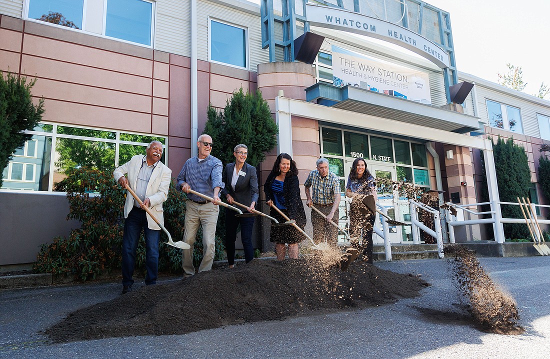 Officials break ground on The Way Station Friday, Aug. 18 at 1500 N. State St. in Bellingham. From left are Whatcom County Executive Satpal Sidhu, U.S. Rep. Rick Larsen, Unity Care NW CEO Jodi Joyce, state Sen. Sharon Shewmake, Opportunity Council Executive Director Greg Winter and PeaceHealth Community Health Director Rachel Lucy. The Way Station will offer services to unhoused people beginning in 2024.