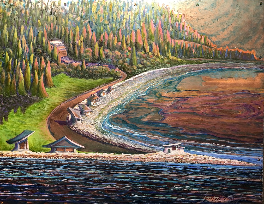 "Lane Spit" is one of the paintings Trish Harding will show during the Lummi Island Artists' Studio Tour taking place Sept. 2–3 on the island located approximately 13 miles from Bellingham. Harding's island-based paintings reflect the place she now calls home.