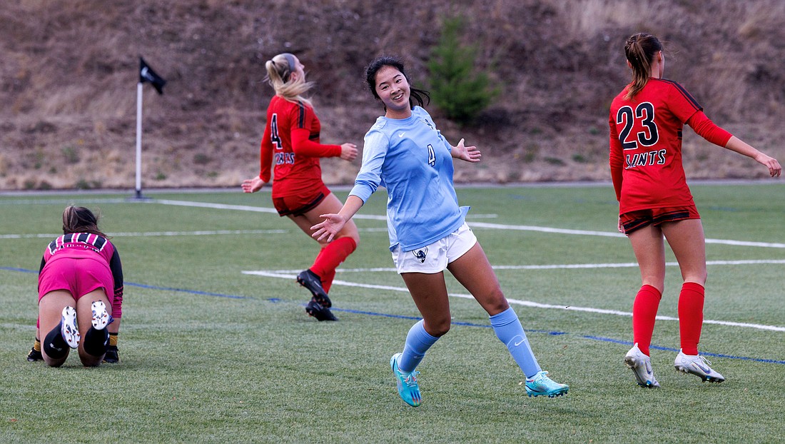 Western Washington University's Morgan Manalili turns toward her teammates after scoring the first goal on Oct. 29, 2022, during a game against Saint Martin's University. Manalili led the Vikings with 10 goals as a freshman last season.