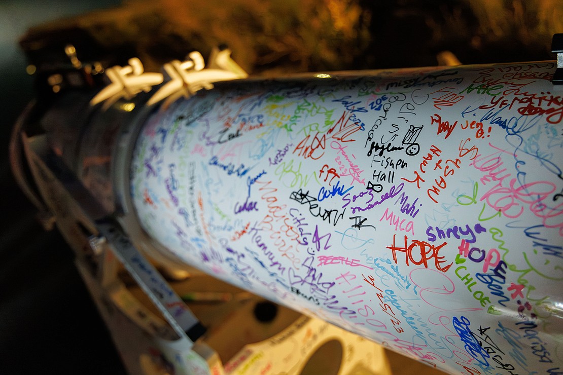 Signatures adorn the 10-inch Newtonian telescope owned by Robert Wilmore of the Whatcom Association of Celestial Observers. Anyone who looks through the telescope is allowed to sign it.