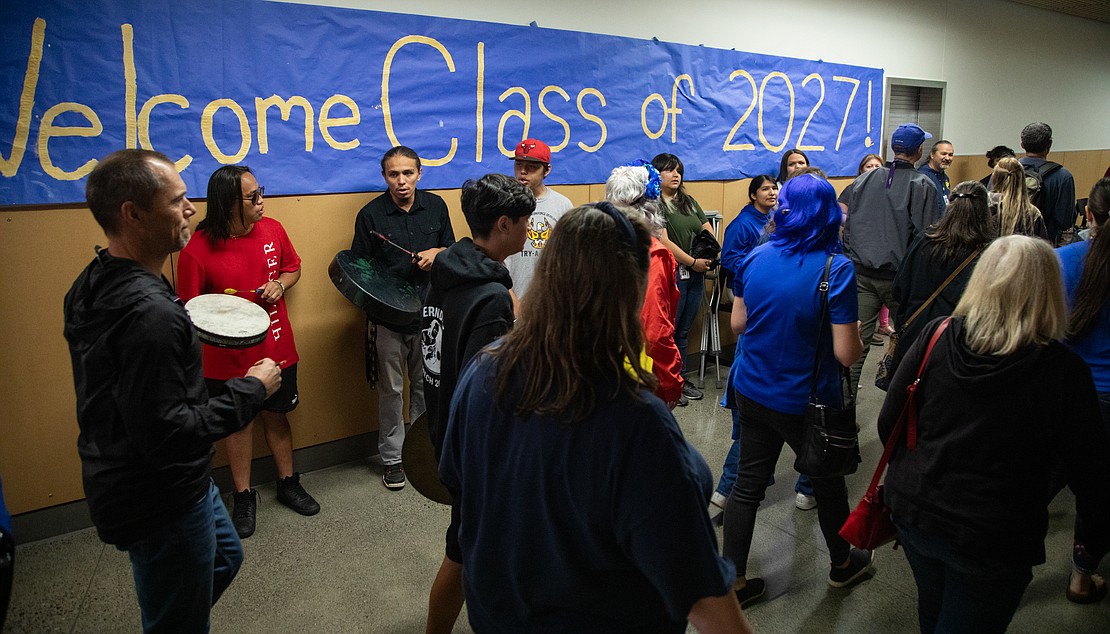 Lummi students play a unity song as staff leave the rally.