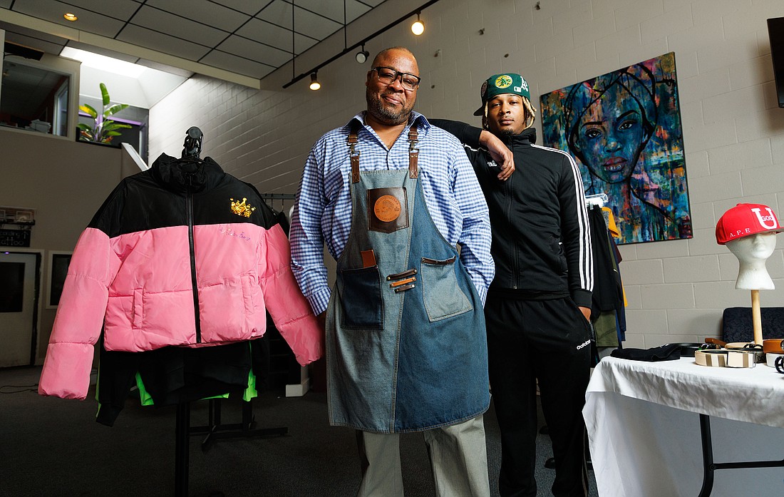 Maleek James, aka Brian Womack, left — pictured with his son whose name is also Maleek James — at the Headquarters Barbershop on Aug. 30 in Bellingham. James is hosting the first W-State Hoop Festival on Saturday, Sept. 16, outside Whatcom Middle School.