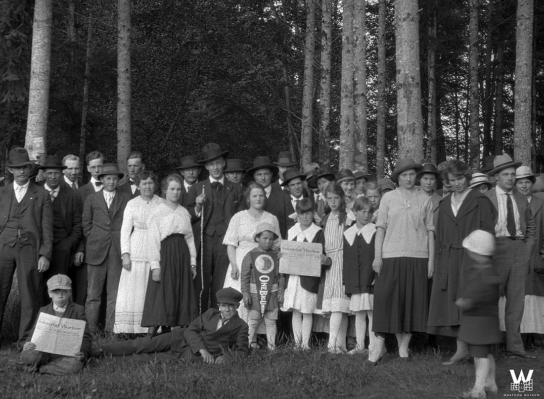 IWW members often met in large gatherings in parks around Bellingham. This image, available from the Whatcom Museum, shows Wobblies gathered at Cornwall Park some time between 1910 and 1915, before the Everett Massacre and the 1917 IWW raids.