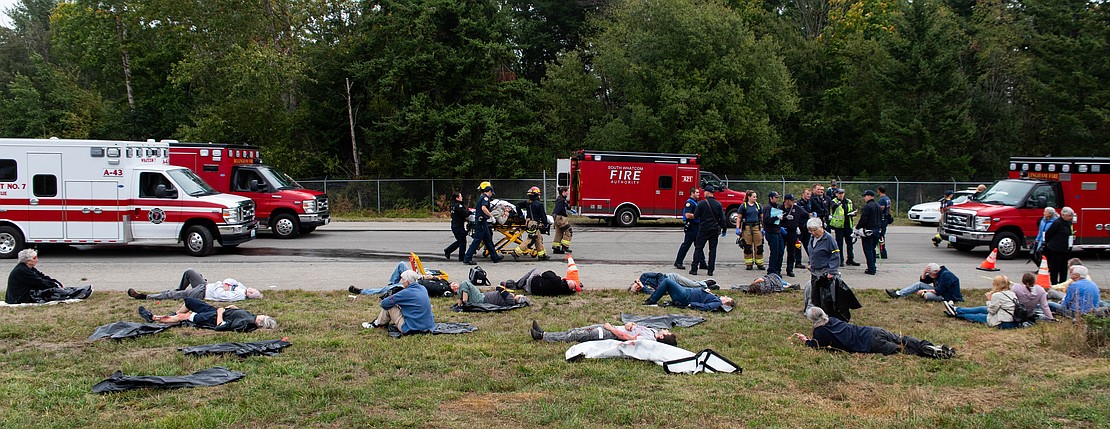 Volunteer victims wait for help in the triage area during the emergency exercise on Friday, Sept. 8, 2023.