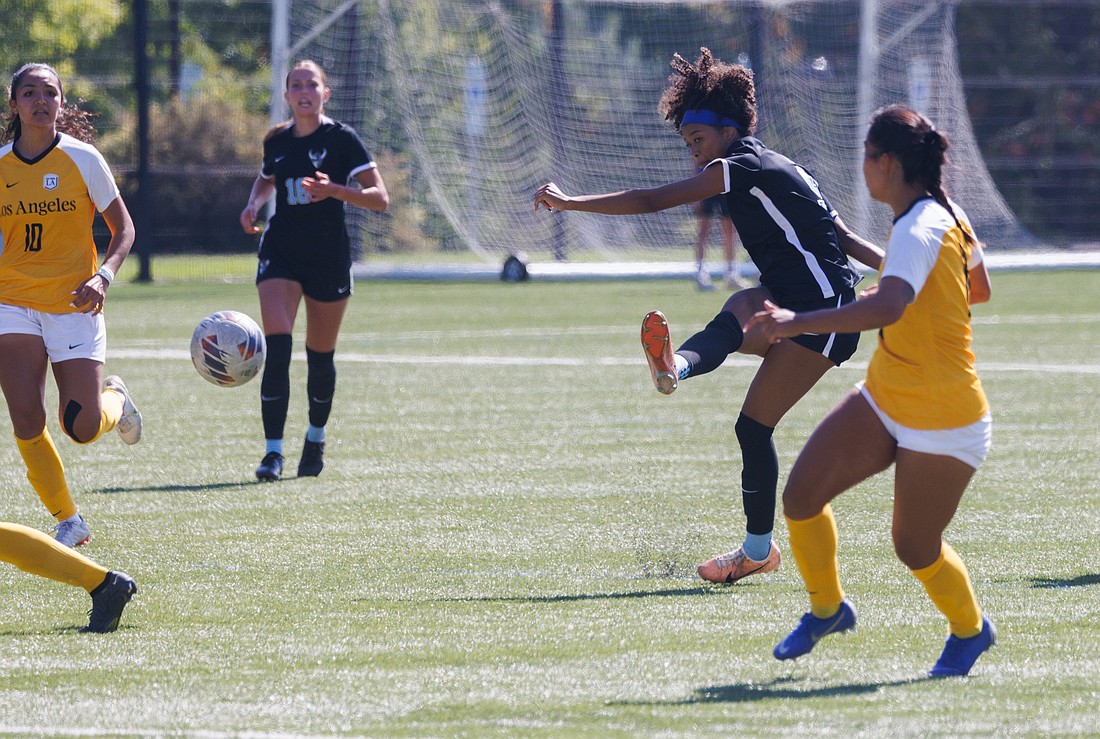 Western Washington University’s Payton Neal takes a shot at the goal in the second half on Saturday, Sept. 9, as the Vikings beat Cal State Los Angeles 1-0 at Harrington Field.