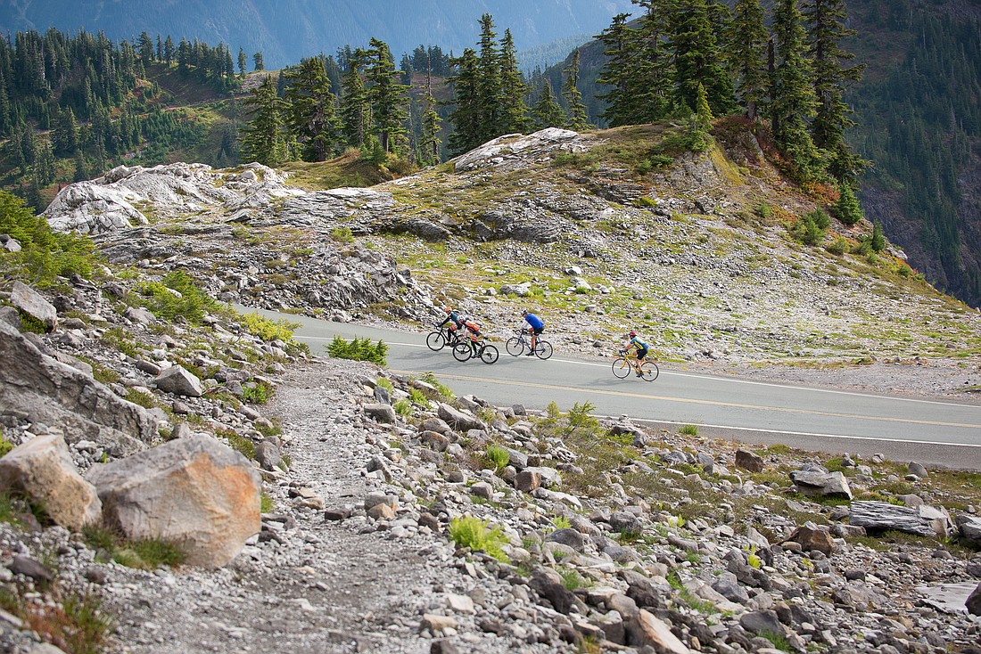 Riders push up Mount Baker Highway near Artist Point Sept. 10, 2022, during the Mount Baker Hill Climb.