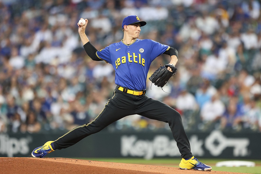 Seattle Mariners starting pitcher George Kirby throws against the Los Angeles Dodgers during the first inning of a baseball game Friday, Sept. 15, 2023, in Seattle.
