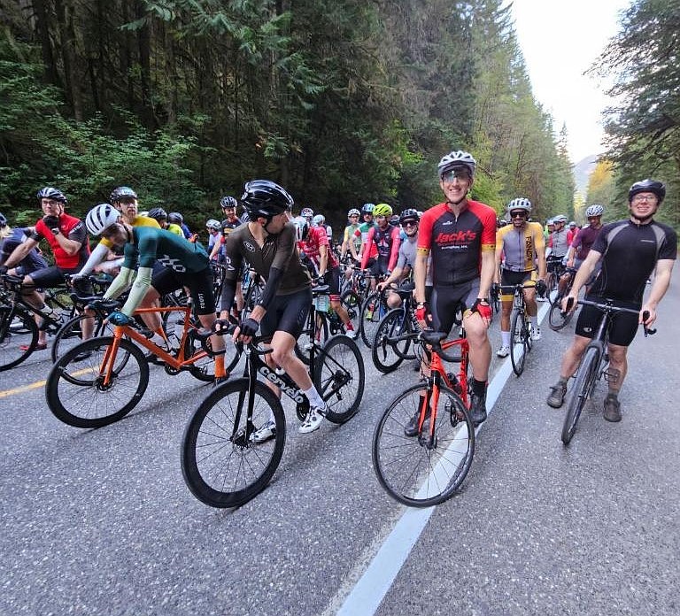 Riders prepare to begin the 2023 Mount Baker Hill Climb Sunday, Sept. 17 in Glacier. Phil Gaimon, a former professional cyclist, won the race with a time of 1:14:42.