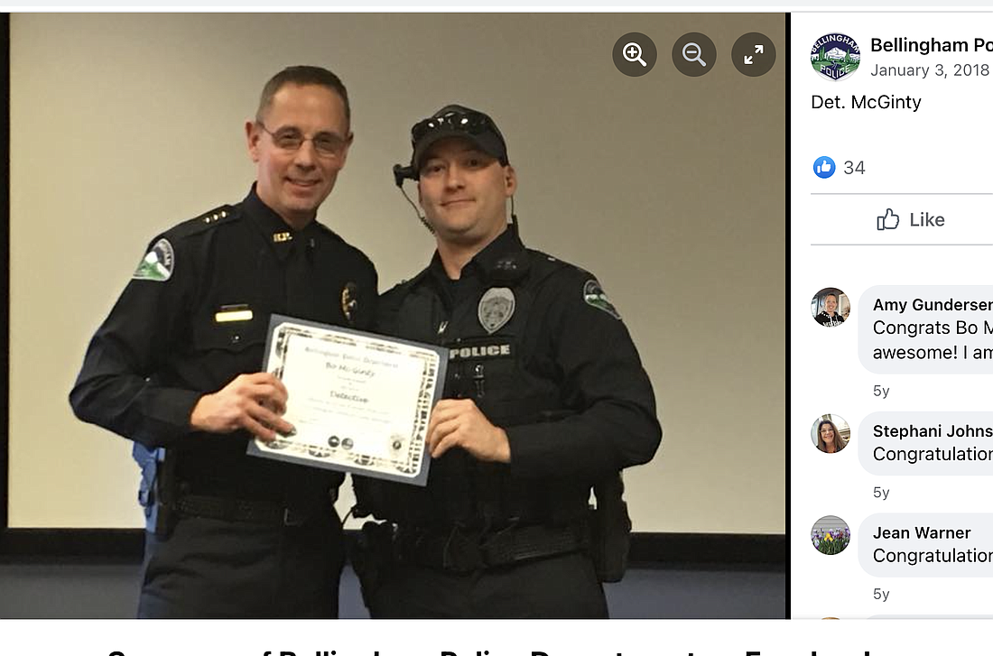 A screenshot from the Bellingham Police Department's Facebook page shows former Detective "Bo" McGinty, right, with former chief David Doll in a 2018 promotion announcement. McGinty was fired in August 2023. An investigation found McGinty’s actions constituted violation of state laws, misuse of public funds and “criminal, dishonest or disgraceful conduct.”