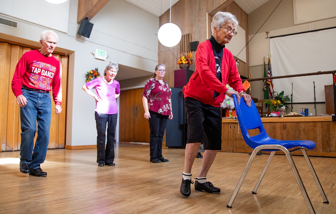 Elmerine Strickland, 94, shows off her tap dancing skills Sept. 29 at the Bellingham Senior Activity Center. Strickland has taught the Senior Steppers for 20 years and designs the group's choreography.