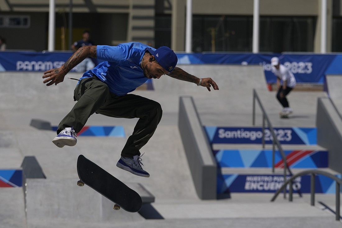 Puerto Rico's skateboarder Manny Santiago practices ahead of the start of the Pan-American Games Tuesday, Oct. 17 in Santiago, Chile. The Games start Friday, Oct. 20.