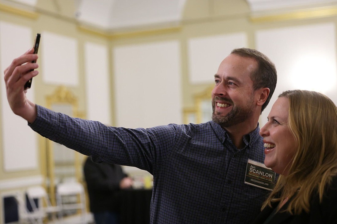 Whatcom County Council candidate Jon Scanlon takes a selfie with state Rep. Alicia Rule Tuesday, Nov. 7 at Hotel Leo in Bellingham. Scanlon received 57.2% of the votes as of Wednesday, Nov. 8.