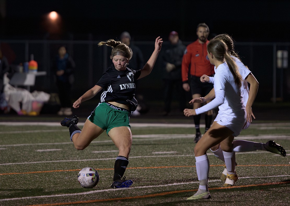 Lynden junior forward Evelyn Saldivar takes a shot on goal Wednesday, Nov. 8 against Selah during the first round of the 2A state tournament. Saldivar's hat trick led the Lions to a 3-1 victory.