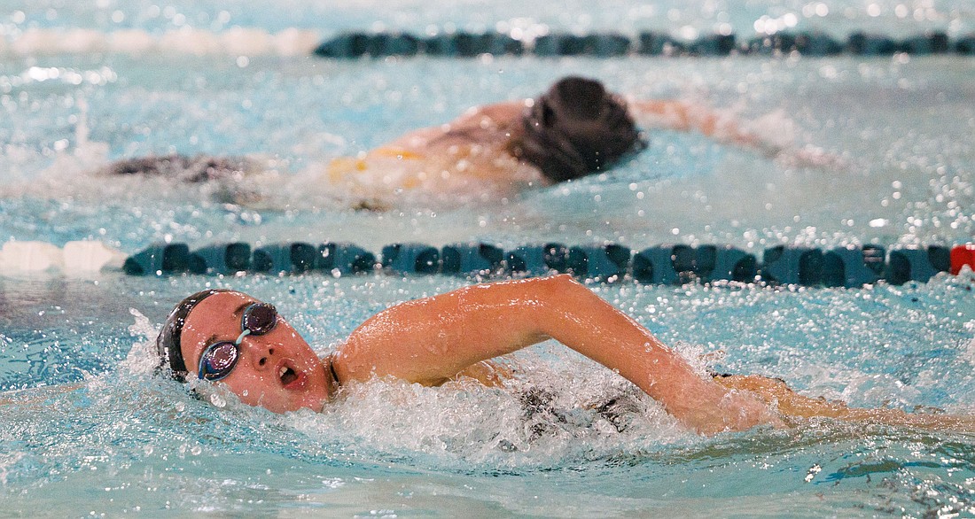 Bellingham’s Annika Holland laps another swimmer Oct. 19 as she wins the 200-yard freestyle during a meet with Ferndale and Meridian. Holland was a part of two different Bayhawks relay teams that finished top-8 at the 1A/2A girls state swim and dive meet Nov. 9–11 at the King County Aquatic Center.