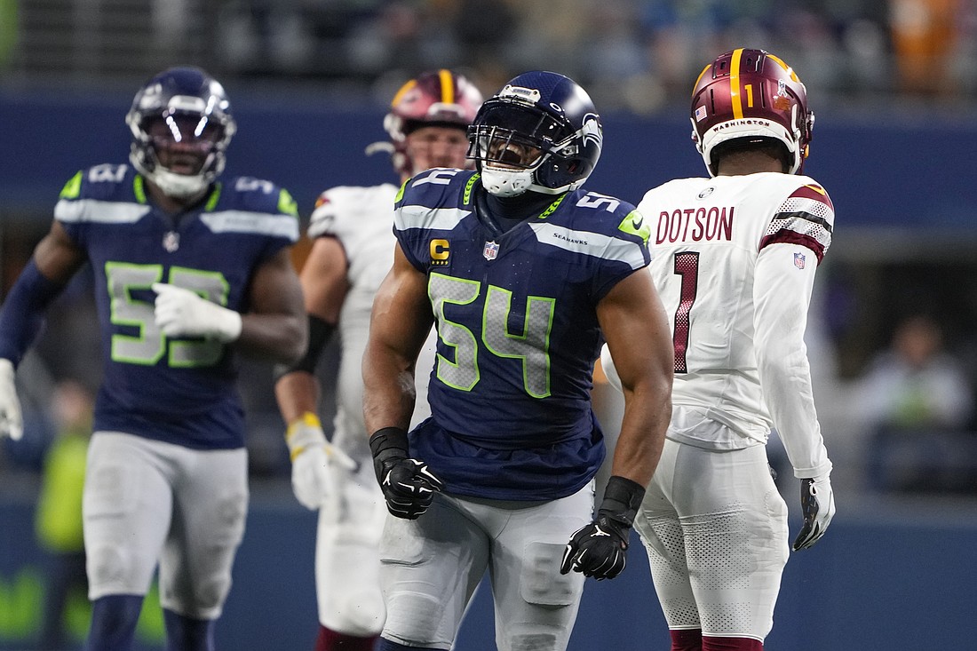 Seattle Seahawks linebacker Bobby Wagner (54) reacts after a forced incomplete pass by Washington Commanders wide receiver Jahan Dotson (1) Sunday, Nov. 12 in the second half of Seattle's home win over Washington.
